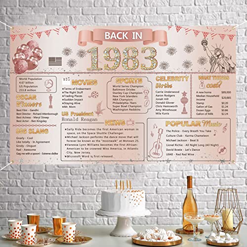 DARUNAXY Rose Gold Back in 1983 Banner, Happy 40th Birthday Party Decorations 40 Year Old Backdrop Party Supplies Pink and Gold Vintage 1983 Birthday Poster for Girls Photography Background for Women