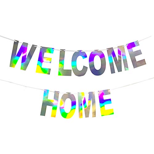 Holographic WELCOME HOME Banner Decorations Sign, Iridescent Hanging Bunting String Flag Garland for Deployment Homecoming, Graduation Ceremony, Family Reunion, Military Homecoming Party