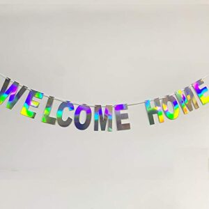 Holographic WELCOME HOME Banner Decorations Sign, Iridescent Hanging Bunting String Flag Garland for Deployment Homecoming, Graduation Ceremony, Family Reunion, Military Homecoming Party