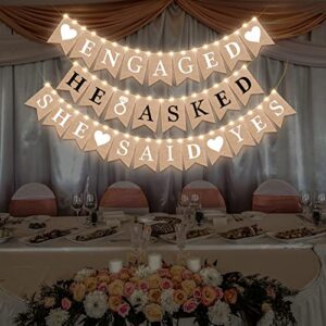breling 6 pieces engaged banner led string light set rustic burlap bunting garland proposal he asked she said yes banner engagement party decorations outdoor wedding bridal shower m multicolor