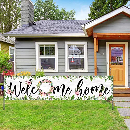 Large Welcome Home Banner 71 x 15.7 Inches Spring Summer Fall Flower Cluster Welcome Banner Yard Sign Decoration Welcome Home Garland Hanging Photo Booth Background (White Background with Grass)