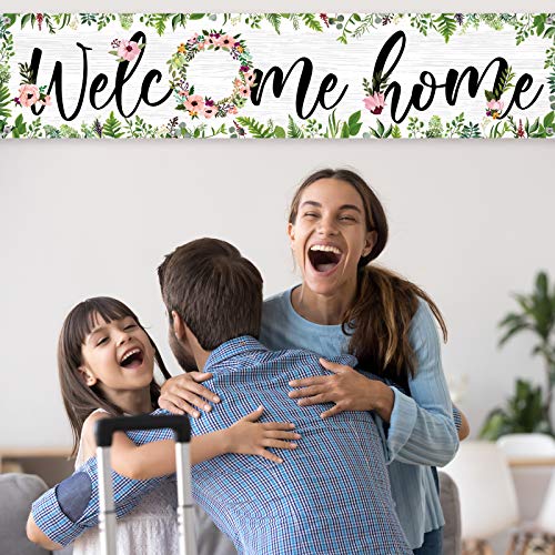 Large Welcome Home Banner 71 x 15.7 Inches Spring Summer Fall Flower Cluster Welcome Banner Yard Sign Decoration Welcome Home Garland Hanging Photo Booth Background (White Background with Grass)