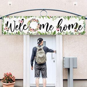 Large Welcome Home Banner 71 x 15.7 Inches Spring Summer Fall Flower Cluster Welcome Banner Yard Sign Decoration Welcome Home Garland Hanging Photo Booth Background (White Background with Grass)