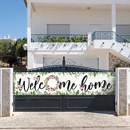 Large Welcome Home Banner 71 x 15.7 Inches Spring Summer Fall Flower Cluster Welcome Banner Yard Sign Decoration Welcome Home Garland Hanging Photo Booth Background (White Background with Grass)