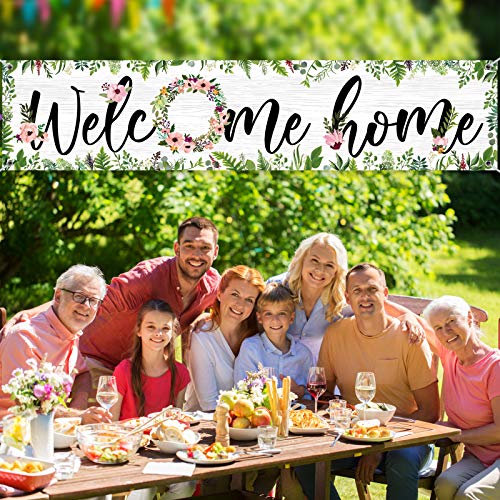 Large Welcome Home Banner 71 x 15.7 Inches Spring Summer Fall Flower Cluster Welcome Banner Yard Sign Decoration Welcome Home Garland Hanging Photo Booth Background (White Background with Grass)