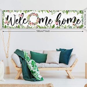 Large Welcome Home Banner 71 x 15.7 Inches Spring Summer Fall Flower Cluster Welcome Banner Yard Sign Decoration Welcome Home Garland Hanging Photo Booth Background (White Background with Grass)