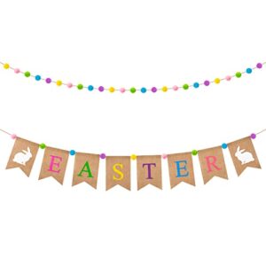 2pcs easter banner burlap flag felt ball garland kit, with pendants pom for centerpieces easter decorations party decor fireplace porch wall backdrops