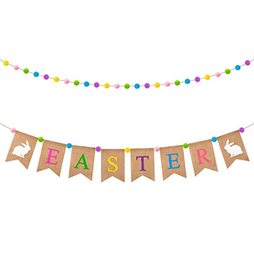 2Pcs Easter Banner Burlap Flag Felt Ball Garland Kit, With Pendants Pom for Centerpieces Easter Decorations Party Decor Fireplace Porch Wall Backdrops