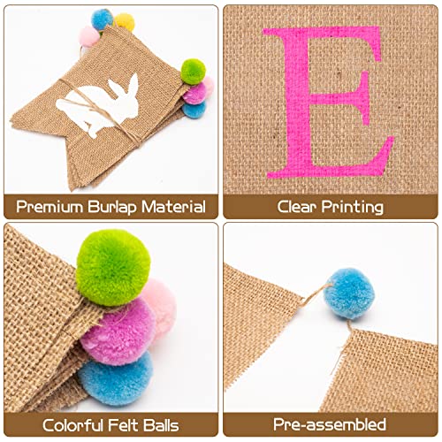 2Pcs Easter Banner Burlap Flag Felt Ball Garland Kit, With Pendants Pom for Centerpieces Easter Decorations Party Decor Fireplace Porch Wall Backdrops