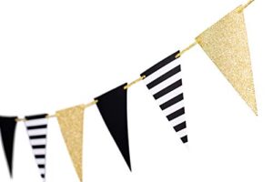gold black triangle banner decorations bunting signs for graduation flags decoration birthday gatsby party nursery classroom anniversary decor golden new year supplies 15pcs 10 feet (golden black striped)