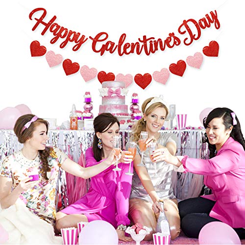 Happy Galentine's Day Banner Red Glitter Banner with Hearts Garland Valentines Decorations Girls Party Favors Ladies Celebrating Theme Breakfast Decor Galentines Photo Booth Props Valentine's Ideas Supplies