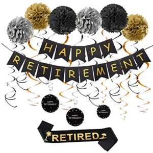 retirement party decorations – black and gold happy retirement banner, paper garland and flowers, sash, sparkling hanging swirls retirement decorations party supplies for women & men by qifu