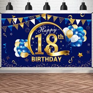 happy 18th birthday banner decorations for men – blue gold 18 birthday backdrop party supplies – 18 year old birthday photo background sign decor