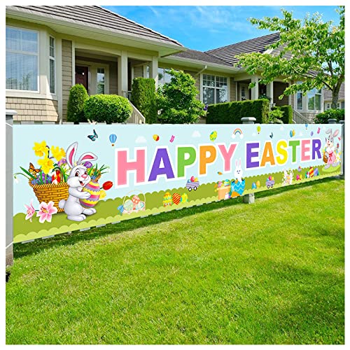 Happy Easter Banners, Easter Bunny Banner Egg Hunt Decorations, Spring Bunny Egg Butterfly Flower Easter Theme Party Banner Rustic Lawn Sign for Outside Garden