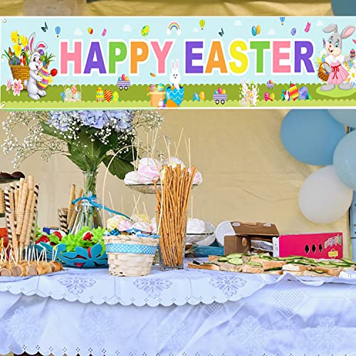 Happy Easter Banners, Easter Bunny Banner Egg Hunt Decorations, Spring Bunny Egg Butterfly Flower Easter Theme Party Banner Rustic Lawn Sign for Outside Garden