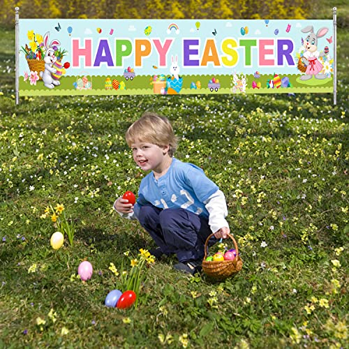 Happy Easter Banners, Easter Bunny Banner Egg Hunt Decorations, Spring Bunny Egg Butterfly Flower Easter Theme Party Banner Rustic Lawn Sign for Outside Garden