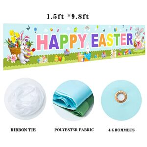 Happy Easter Banners, Easter Bunny Banner Egg Hunt Decorations, Spring Bunny Egg Butterfly Flower Easter Theme Party Banner Rustic Lawn Sign for Outside Garden