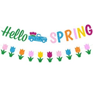 jkq glitter hello spring banner with tulip truck signs and colorful glittery tulips banner hello spring tulips flowers garland banner spring easter birthday party fireplace mantle decorations