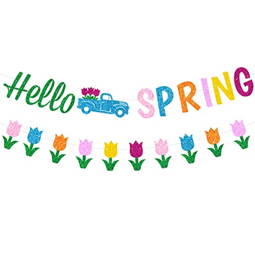 JKQ Glitter Hello Spring Banner with Tulip Truck Signs and Colorful Glittery Tulips Banner Hello Spring Tulips Flowers Garland Banner Spring Easter Birthday Party Fireplace Mantle Decorations