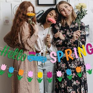 JKQ Glitter Hello Spring Banner with Tulip Truck Signs and Colorful Glittery Tulips Banner Hello Spring Tulips Flowers Garland Banner Spring Easter Birthday Party Fireplace Mantle Decorations