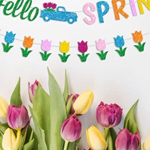 JKQ Glitter Hello Spring Banner with Tulip Truck Signs and Colorful Glittery Tulips Banner Hello Spring Tulips Flowers Garland Banner Spring Easter Birthday Party Fireplace Mantle Decorations