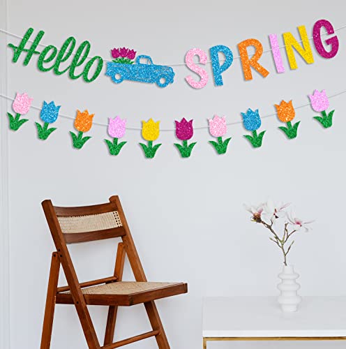 JKQ Glitter Hello Spring Banner with Tulip Truck Signs and Colorful Glittery Tulips Banner Hello Spring Tulips Flowers Garland Banner Spring Easter Birthday Party Fireplace Mantle Decorations