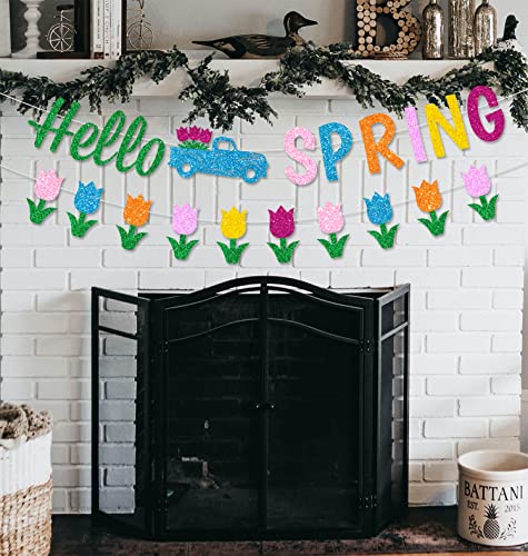 JKQ Glitter Hello Spring Banner with Tulip Truck Signs and Colorful Glittery Tulips Banner Hello Spring Tulips Flowers Garland Banner Spring Easter Birthday Party Fireplace Mantle Decorations