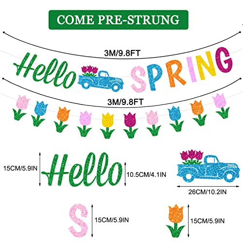 JKQ Glitter Hello Spring Banner with Tulip Truck Signs and Colorful Glittery Tulips Banner Hello Spring Tulips Flowers Garland Banner Spring Easter Birthday Party Fireplace Mantle Decorations