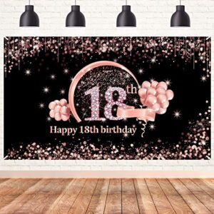 lnlofen 18th birthday banner backdrop decorations for girls, extra large 18 year old birthday party decor supplies, rose gold happy eighteen birthday sign poster photo booth props