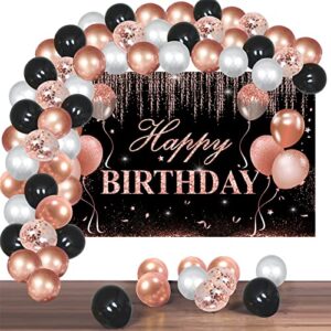 rose gold and black happy birthday banner decorations with confetti balloon arch garland, happy birthday backdrop balloons kit party supplies for girls women, 16th 21st 30th 40th 50th 60th bday photo booth decor