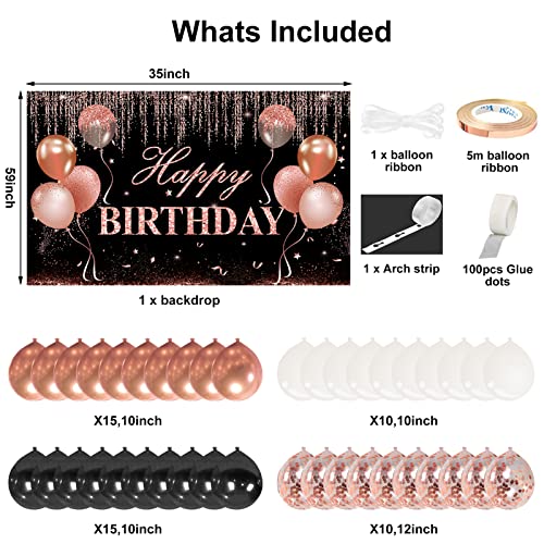 Rose Gold and Black Happy Birthday Banner Decorations with Confetti Balloon Arch Garland, Happy Birthday Backdrop Balloons Kit Party Supplies for Girls Women, 16th 21st 30th 40th 50th 60th Bday Photo Booth Decor