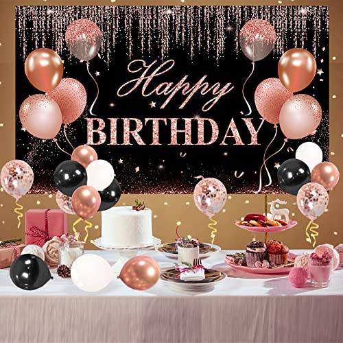 Rose Gold and Black Happy Birthday Banner Decorations with Confetti Balloon Arch Garland, Happy Birthday Backdrop Balloons Kit Party Supplies for Girls Women, 16th 21st 30th 40th 50th 60th Bday Photo Booth Decor