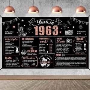 large 60th birthday banner backdrop decorations for women, rose gold back in 1963 happy 60 birthday sign poster party supplies, sixty bday photo background decor for outdoor indoor