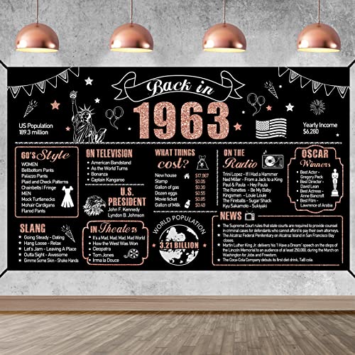 Large 60th Birthday Banner Backdrop Decorations for Women, Rose Gold Back in 1963 Happy 60 Birthday Sign Poster Party Supplies, Sixty Bday Photo Background Decor for Outdoor Indoor