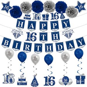 kauayurk blue silver 16th birthday banner decorations kit for boys, 26pcs sixteen birthday banner balloon hanging swirl poms party supplies, 16 years old birthday sign decor