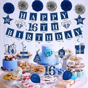 Kauayurk Blue Silver 16th Birthday Banner Decorations Kit for Boys, 26pcs Sixteen Birthday Banner Balloon Hanging Swirl Poms Party Supplies, 16 Years Old Birthday Sign Decor