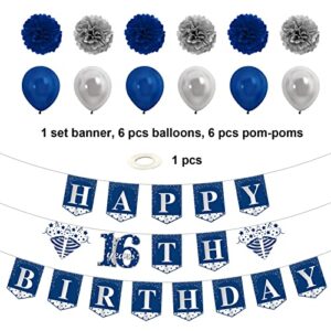 Kauayurk Blue Silver 16th Birthday Banner Decorations Kit for Boys, 26pcs Sixteen Birthday Banner Balloon Hanging Swirl Poms Party Supplies, 16 Years Old Birthday Sign Decor
