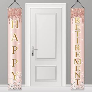happy retirement door banner decorations, pink rose gold retirement theme porch sign supplies for women, retired party photo booth props decor outdoor indoor