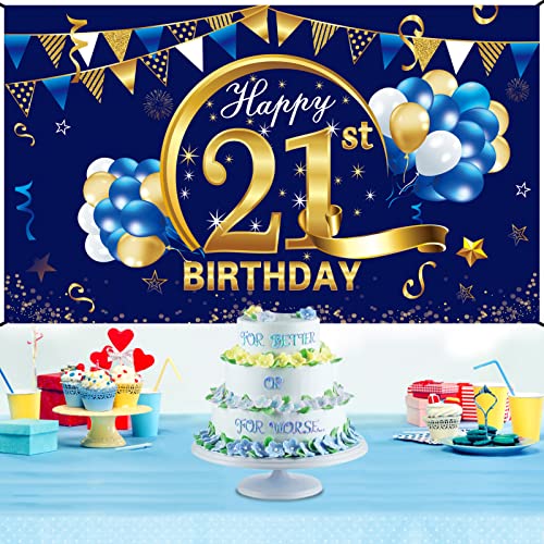 Happy 21st Birthday Banner Decorations for Boy, Blue Gold 21 Birthday Backdrop Party Supplies, 21 Year Old Birthday Photo Background Sign Decor
