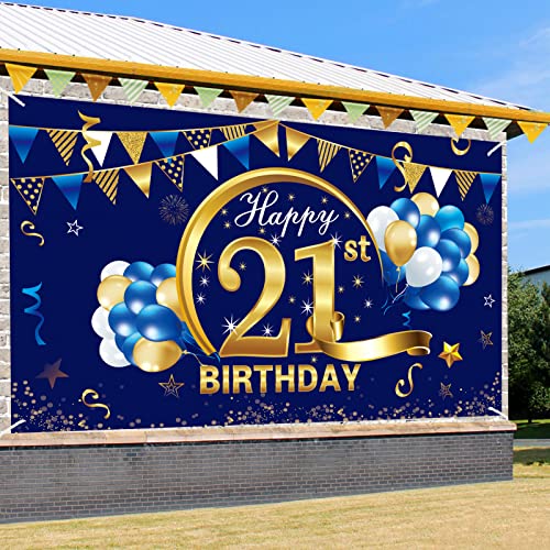 Happy 21st Birthday Banner Decorations for Boy, Blue Gold 21 Birthday Backdrop Party Supplies, 21 Year Old Birthday Photo Background Sign Decor