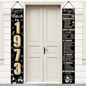 black gold 50th birthday door banner decorations for men women, back in 1973 happy 50 birthday porch sign party supplies, fifty year old birthday backdrop decor for outdoor indoor