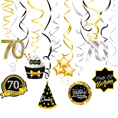 70th Birthday Decoration Ceiling Hanging Swirls(16Pcs) Silver Black and Gold, Happy 70th Birthday Foil Swirl Streamers, 70th Birthday Party Supplies Decorations Photobooth Backdrops