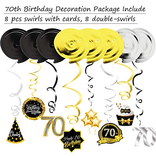 70th Birthday Decoration Ceiling Hanging Swirls(16Pcs) Silver Black and Gold, Happy 70th Birthday Foil Swirl Streamers, 70th Birthday Party Supplies Decorations Photobooth Backdrops