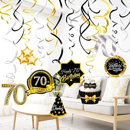 70th Birthday Decoration Ceiling Hanging Swirls(16Pcs) Silver Black and Gold, Happy 70th Birthday Foil Swirl Streamers, 70th Birthday Party Supplies Decorations Photobooth Backdrops