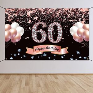 trgowaul 60th birthday decorations for women – rose gold birthday backdrop banner, 60 year old birthday party poster decor, happy 60th birthday party decoration photography background