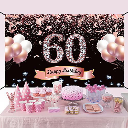 Trgowaul 60th Birthday Decorations for Women - Rose Gold Birthday Backdrop Banner, 60 Year Old Birthday Party Poster Decor, Happy 60th Birthday Party Decoration Photography Background