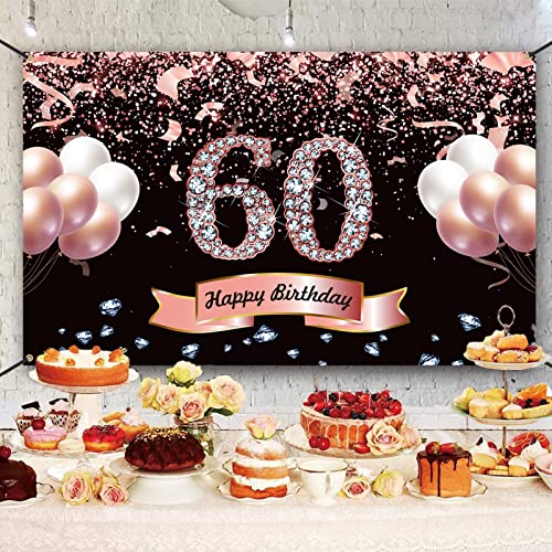 Trgowaul 60th Birthday Decorations for Women - Rose Gold Birthday Backdrop Banner, 60 Year Old Birthday Party Poster Decor, Happy 60th Birthday Party Decoration Photography Background