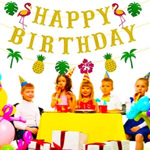 Saliyaa Tropical Happy Birthday Banner,Gold Glitter Hawaiian Luau Birthday Sign,Final Flamingo Pineapple Palm Leaf Coconut Tree Hibiscus Flower Banner for Summer Birthday Party Decorations Supplies