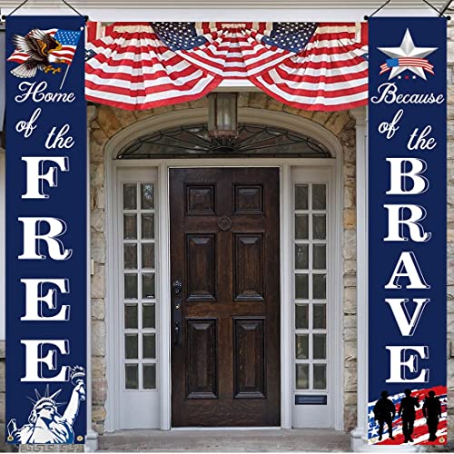 American Flag Patriotic Soldier Porch Sign Banners -“HOME of the FREE” and “Because of the BRAVE”- Hanging Banner for 4th of July Decor/ Independence Day/ Memorial Day/ Veterans Day/ Labor Day