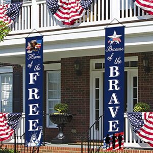 American Flag Patriotic Soldier Porch Sign Banners -“HOME of the FREE” and “Because of the BRAVE”- Hanging Banner for 4th of July Decor/ Independence Day/ Memorial Day/ Veterans Day/ Labor Day